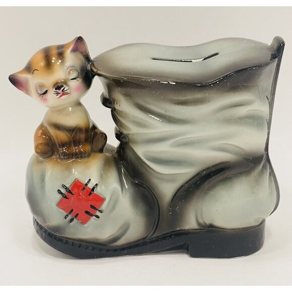 Vintage Ceramaster Tabby Cat on Boot Coin Bank 4.75x5.75x3” Kitten Japanese - Picture 1 of 13
